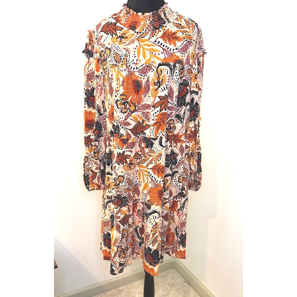 Oddi Womens Floral Paisley Smocked Mock Neck Tiered Mini Dress Orange Large